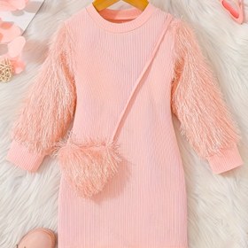 Resim Kızlar için Moda Rahat İlkbahar ve Sonbahar Stili Pembe Püsküllü Kollu Süslemeli Çanta Şekillendirici Elbise 