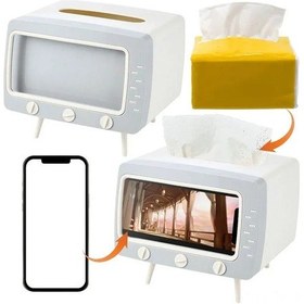 Resim Teltree "tv Şeklinde Çok Amaçlı Telefon Standlı Peçetelik - Nostaljik Dekor" Beyaz 