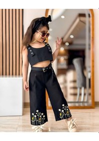 Resim Kız Çocuk Nakış Detaylı Crop Top Ve Geniş Paça Pantolon Takımı Siyah 
