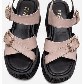 Resim Luvishoes Mırette Buz Hakiki Deri Kadın Dolgu Tabanlı Sandalet Vizon 