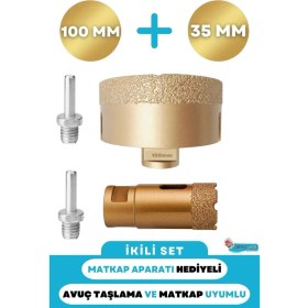 Resim 35MM + 100MM Granit Mermer Seramik Beton Taş Delme Panç Spiral Avuç Taşlama Matkap Uyumlu M14 Aparat 