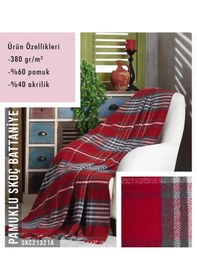 Resim Pikas Sesli Home Comfort Pamuklu Ekose Skoç Battaniye Kırmızı Gri 