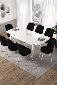 Resim Canisa Concept Via Serisi 80x132 Açılabilir Mutfak Masası Takımı Beyaz Masa 8 Siyah Sandalye 