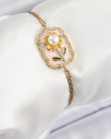 Resim Clariss 316L Çelik Zincir Pembe Mineli Sanatsal Portre İnci Detaylı Papatya Model Gold Renk Kadın Bileklik 
