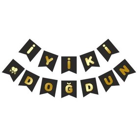 Resim Beysüs Siyah Üstüne Gold Altın Yaldızlı İyiki Doğdun Yazılı Karton İpli Yazı Banner 