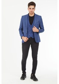 Resim Sposo 5140 Yelekli Dar Kalıp Açık Laci Ekose Erkek Blazer Ceket Açık Lacivert 