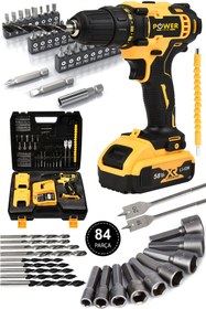 Resim POWER BLACK 58 Vf 5 Ah Metal Şanzıman Çift Akülü Şarjlı Matkap 84 Parça Akülü Vidalama Set SARI 