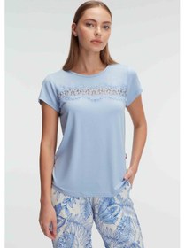 Resim Man9885-1014 Anil Ev Giyim Man9885 Anıl 9885 Kısa Kol Bisiklet Yaka Kadın Viskon Çiçek Desenli Yazlık Örme Dantel Detaylı Pijama Takımı Mavi 