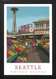 Resim Seattle USA - Pike Place Market Space Needle Wall Art Print - Wooden Frame - White / 8,3 x 11,7" (21x30) 