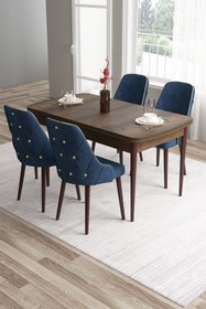Resim Canisa Tia Serisi 80x132 Açılabilir Mdf Barok Ahşap Desen Gold Detay Masası Takımı Ve 4 Lacivert Sandalye 
