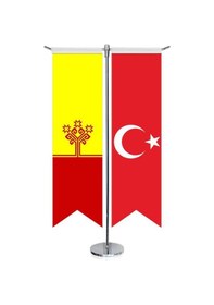 Resim Çuvaşistan Cumhuriyeti Bayrağı Ve Türkiye - Kırlangıç - Saten T Direk 2li Masa Bayrağı 1 