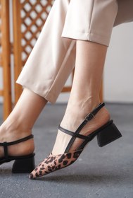 Resim Lizzu Kadın Tasarım Baret Arka Açık Kısa Topuklu Ayakkabı Emoi Siyah Taba Leopar 