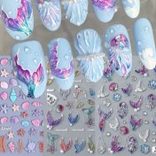 Resim 3 Sayfa/2 Sayfa Okyanus Temalı Kabartmalı Tırnak Etiketleri, Iridiscent Aurora Denizkızı Kuyruğu Jellyfish Balon Boncuk Kabuk Yıldızbalığı Conch Deseni Kendinden Yapışkanlı Tırnak Decal, DIY Tırnak Salonu Tırnak Dekorasyonu, Yaz Kadınları ve Tırnak Sanatı Malzemeleri 