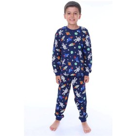 Resim Zuzunga Astronot Temalı Pamuk Unisex Çocuk Pijama Takımı Lacivert 
