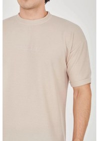 Resim Unisex Jakar Kumaş Rahat Kol T-shirt - Bej Bej 