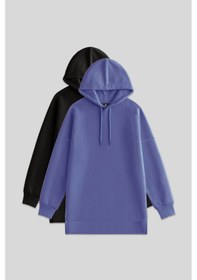 Resim Tommy Life Oversize Kapüşonlu 2li Paket Siyah-eflatun Kadın Tunik Sweatshirt - 97242 Siyah - Mor 