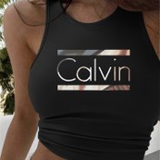 Resim Kadın Kolsuz Calvin Baskılı Atlet - Yumuşak, Rahat, Gradyan Harf Tasarımı, Günlük Giyim, Ev veya Geziler için Şık Stil, Tüm Mevsimler İçin Atlet | Kolsuz Moda | Calvin Temalı Giyim 
