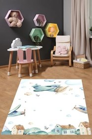 Resim Pelangi Uçaklar Bulutlar Yıldızlar Yıkanabilir Kaymaz Taban Leke Tutmaz Çocuk Odası Halısı, Beyaz 60 x 200, 764201076020005 