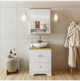 Resim Ayaklı 2 Kapaklı Lavabolu Mdf 60 Cm Çekmeceli Banyo Dolap Aria Atlantik Çam - Beyaz 