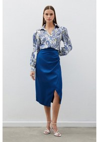 Resim Sateen Düğme Aksesuarlı Saten Krep Etek - İndigo 