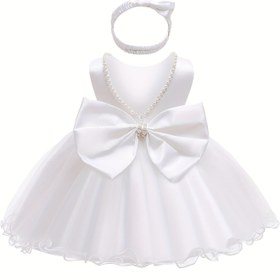 Resim Bebek kızlar için Ruffles, Dantel, Sırtı Açık Tasarım ve Püskül Kafa Aksesuarı ile Beyaz Top Elbise, Sayfalar, Partiler, Düğünler ve Hediye için Mükemmel 