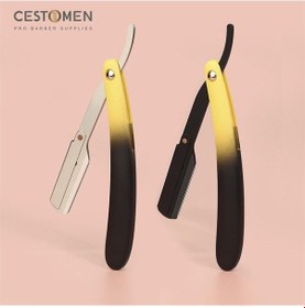 Resim Cestomen Yeni Stil Degrade Kolu Bıçaklı Tıraş Bıçağı Tutucu Düz Kenar Berber Katlanır Jilet Saç Kesim Tıraş Emniyetli Jilet 