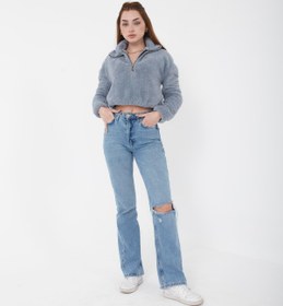 Resim Mad&Calf Kadın Yarım Fermuar Boyalı Gri Balıkçı Peluş Düşük Omuz Kısa Oversize Crop Sweatshirt 