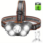 Resim 1 adet 5 LED USB Şarj Edilebilir Baş Lambası, 500mAh Pil, Ayarlanabilir Kafa Kayışı ve Kampçılık, Balık Tutma, Yürüyüş, Acil Durum Kullanımı için Hafif Tasarım - Noel Hediyesi, Kamp Aksesuarları 