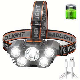 Resim 1 adet 5 LED USB Şarj Edilebilir Baş Lambası, 500mAh Pil, Ayarlanabilir Kafa Kayışı ve Kampçılık, Balık Tutma, Yürüyüş, Acil Durum Kullanımı için Hafif Tasarım - Noel Hediyesi, Kamp Aksesuarları 
