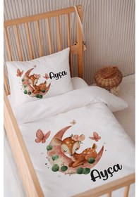 Resim %100 Pamuk Saten Isme Özel Isimli 100x150 Bebek Yatak Nevresim Seti Ayda Uyuyan Ceylan 