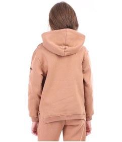 Resim Kız Çocuk Oversize Kapüşonlu Cepli Nakış Baskılı Yırtmaçlı Sweatshirt - 3 İplik Şardonlu Kahverengi 