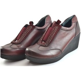 Resim Beety 009 Deri Bordo Lastikli Taşlı Kadın Dolgu Topuk Ayakkabı 