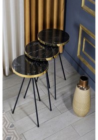 Resim Uslucan Alışveriş Zigon Sehpa Ve Orta Sehpa Elips Siyah Metal Ayak Altın Bendir Set Çok Renkli 