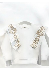 Resim Kız Çocuk Pamuklu Orta Kalınlık Omuzları Fırfırlı Ve Nakışlı Sweatshirt-14447 Ekru 