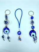Resim Ennea Art Üçlü Cam Nazar Boncuklu Anahtarlık+araba Süsü Seti El Yapımı Hediyelik Eşya 