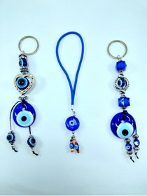 Resim Ennea Art Üçlü Cam Nazar Boncuklu Anahtarlık+araba Süsü Seti El Yapımı Hediyelik Eşya 