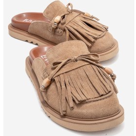 Resim Carol Toprak Süet Püsküllü Hakiki Deri Kadın Burnu Kapalı Terlik Toprak 