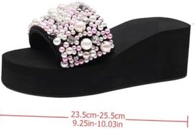 Resim WESIEVYA Kadın Yazlık Dolgu Topuklu Terlikler Şık Simüle İncili Kaymaz Tabanlı Plaj ve Ev Kullanımı İçin Ayakkabı Topuk 