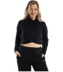 Resim Kadın Kruvaze Detaylı Kapüşonlu Crop Sweat Siyah 