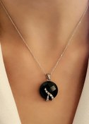 Resim OSESHOP Oniks Taşlı Zirkon Taş Detaylı Italyan Tasarımı 925 Ayar Gümüş Modern Kolye 