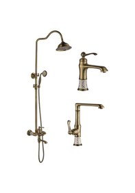 Resim Victoria Porselen Desenli Kare Başlıklı Antik Lavabo + Eviye Mutfak + Duş Seti 