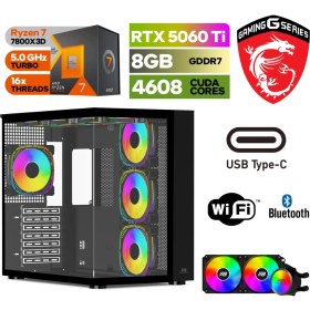 Resim MSI Gaming Pc Ddr5 – Rtx 5060Tİ 8gb – Ryzen 7 7800X3D – 32GB – 64GB Ddr5 Ram – 1 Tb M.2 SSD – Windows 11 Pro – Sıvı Sogutmalı 