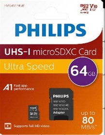 Resim Philips Fm64mp45b/00 64gb Class10 Uhs-ı U1 Tf Adaptörlü Micro Sdxc Hafıza Kartı 