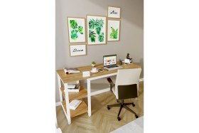 Resim Kitaplıklı Raflı Atlantik Çam Beyaz Çalışma Masası Ofis Masası Oyuncu Masası 