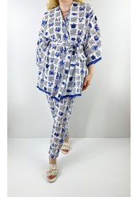 Resim Modaonna Kadın Beyaz Deniz Desenli Keten Kimono Pantolon Takım Mavi 