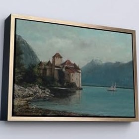 Resim Ahşap Çerçeveli Gustave Courbet - Cenevre Gölü'Ndeki Chillon Kalesi Tablo Siyah 55 X 75, TTÇ.KNV7094FRM 