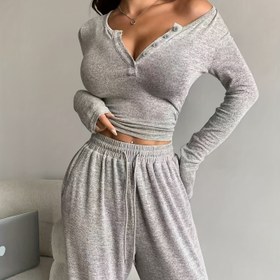 Resim Sonbahar ve Kış Kadın Modası Günlük Düz Renk Uzun Kollu Tişört ve Geniş Paça Pantolon 2'li Set, Dış Mekan, Günlük Giyim, Casual Giyim için Mükemmel, |v-yaka Üst|Geniş Paça Pantolon|Esnek Kumaş, Bayan Pantolon 