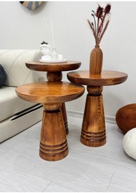 Resim AYLESA Doğal Ahşap 3’lü Set Mantar Yan Sehpa Modern Açık Ceviz Renk Fiskos Zigon Çiçeklik 