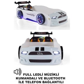 Resim Beyaz Arabalı Yatak Sport Mst Full Ledli Kumandalı Ve Müzikli 90x190 Cm 