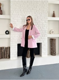 Resim Femistik Kadın Cep Detaylı Düğmesiz Premium Pembe Blazer Ceket 